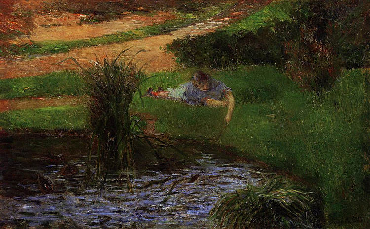 池塘与鸭子（自娱自乐的女孩） Pond with Ducks (Girl Amusing Herself) (1881; France  )，保罗·高更