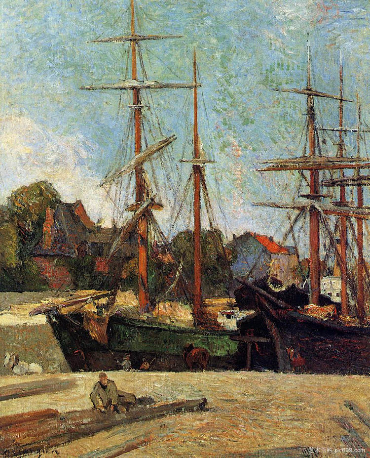 纵帆船和三位大师 Schooner and three masters (1886; Pont-aven,France  )，保罗·高更