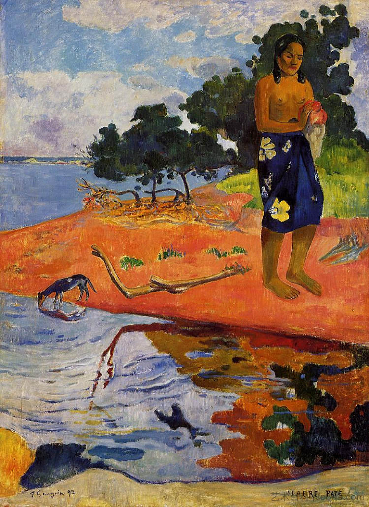 她下到淡水(Haere Pape) She goes down to the fresh water (Haere Pape) (1892; French Polynesia ),保罗·高更