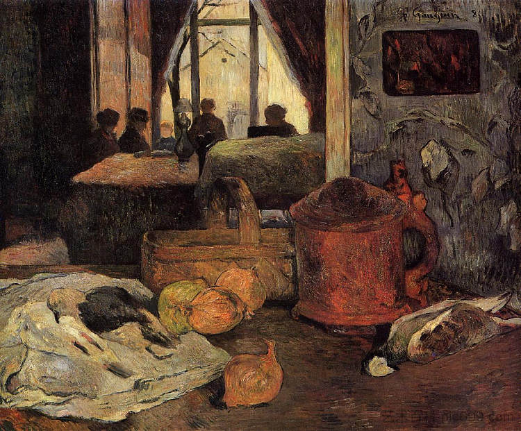 哥本哈根的洋葱、鸽子和室内静物画 Still life of onions and pigeons and room interior in Copenhagen (1885; Amagerbro / Copenhagen / Amagerbro,Denmark ),保罗·高更
