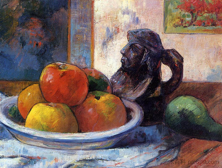 静物与苹果，梨和陶瓷肖像壶 Still Life with Apples, a Pear and a Ceramic Portrait Jug (1889; France  )，保罗·高更