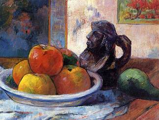 静物与苹果，梨和陶瓷肖像壶 Still Life with Apples, a Pear and a Ceramic Portrait Jug (1889; France                     )，保罗·高更