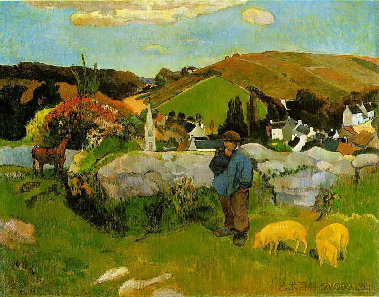 猪群，布列塔尼 Swineherd, Brittany (1888; Pont-aven,France  )，保罗·高更