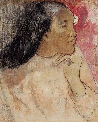 头发上有花的大溪地女人 Tahitian woman with flower in her hair (c.1891; French Polynesia                     )，保罗·高更