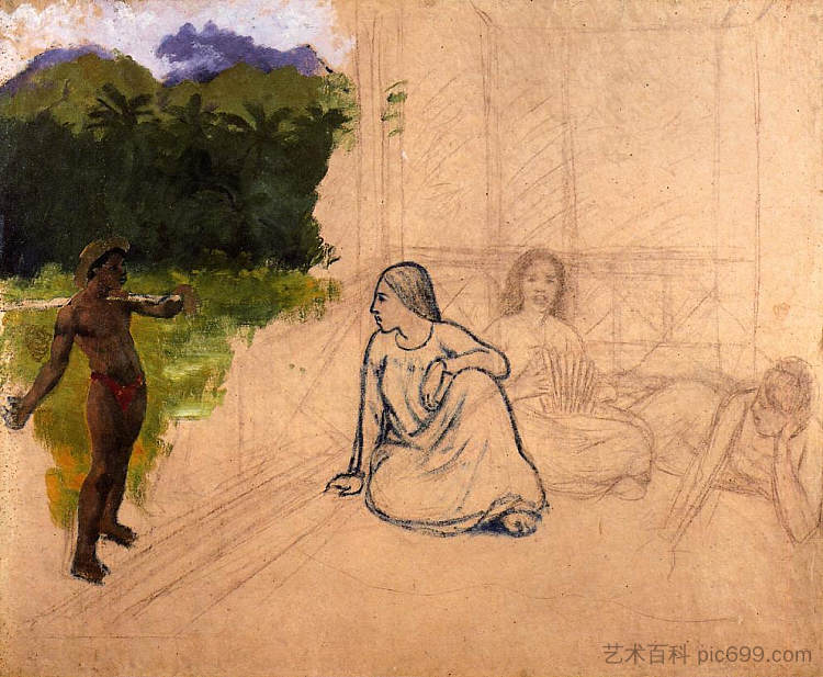 休息的大溪地人（未完成） Tahitians at rest (unfinished) (c.1891; French Polynesia  )，保罗·高更