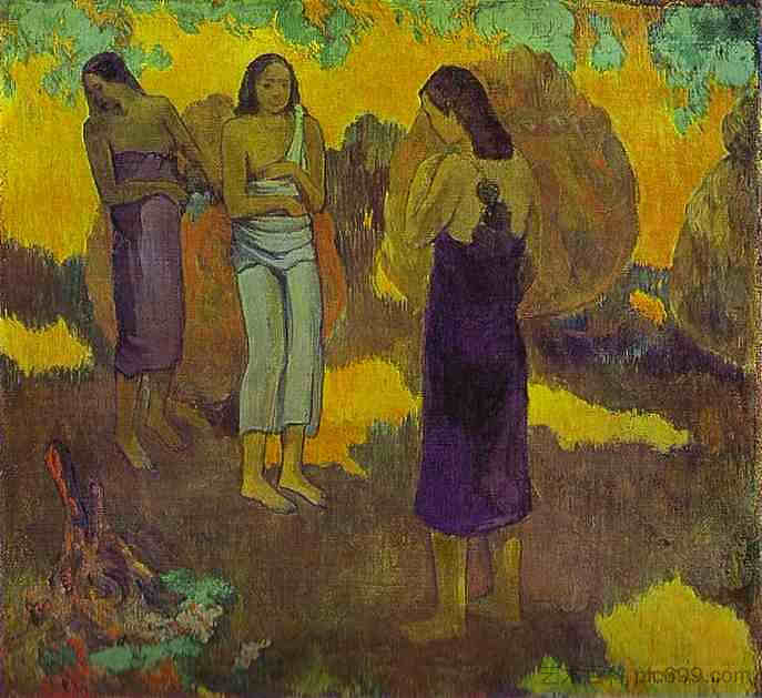 黄色背景下的三个大溪地女人，1899年（布面油画） Three Tahitian Women against a Yellow Background, 1899 (oil on canvas) (1899; Punaauia,French Polynesia  )，保罗·高更