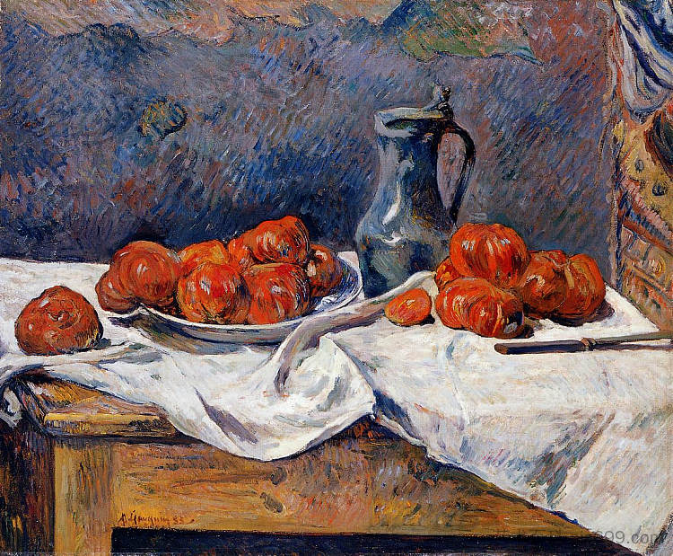 桌子上的西红柿和锡制罐子 Tomatoes and a pewter tankard on a table (1883; Paris,France  )，保罗·高更