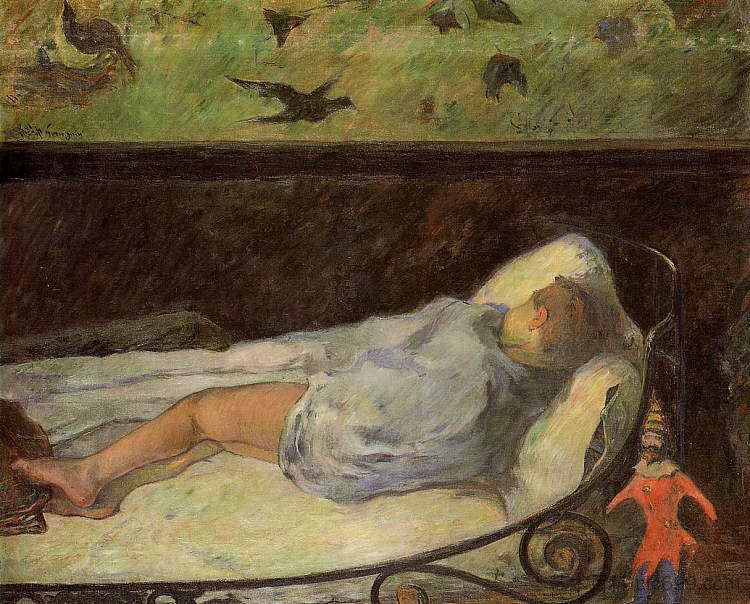 年轻女孩做梦（睡着的孩子的研究） Young Girl Dreaming (Study of a Child Asleep) (1881; Paris,France  )，保罗·高更