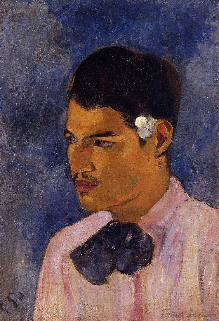 耳后插着一朵花的年轻人 Young Man with a Flower Behind his Ear (1891; French Polynesia  )，保罗·高更