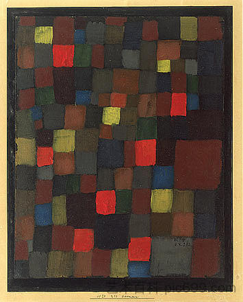 带有朱红色口音的正方形抽象色彩和谐 Abstract Colour Harmony in Squares with Vermillion Accents (1924)，保罗·克利