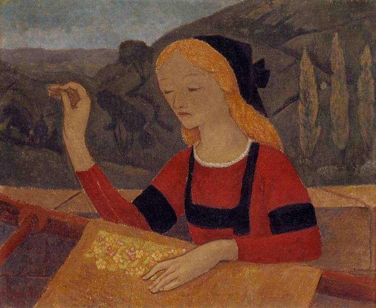 夏托纽夫风景中的刺绣师 Embroiderer in a Landscape of Chateauneuf (1910; France  )，保罗·塞律西埃
