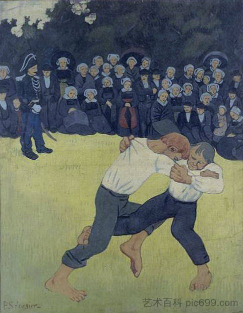 摔跤布列塔尼人 The Wrestling Bretons (1893; Huelgoat,France  )，保罗·塞律西埃