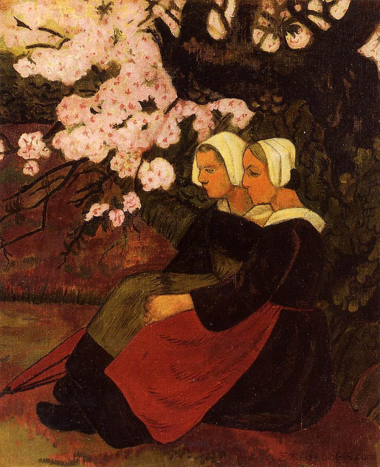 两个布列塔尼女人在一棵开花的苹果树下 Two Breton Women under a Flowering Apple Tree (1890; France  )，保罗·塞律西埃