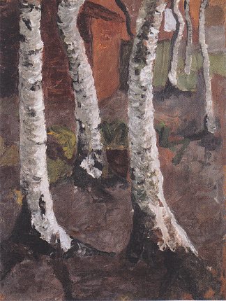 红色农庄前的白桦树干 Birch trunks in front of red farmstead (c.1901)，保拉·莫德索恩·贝克尔
