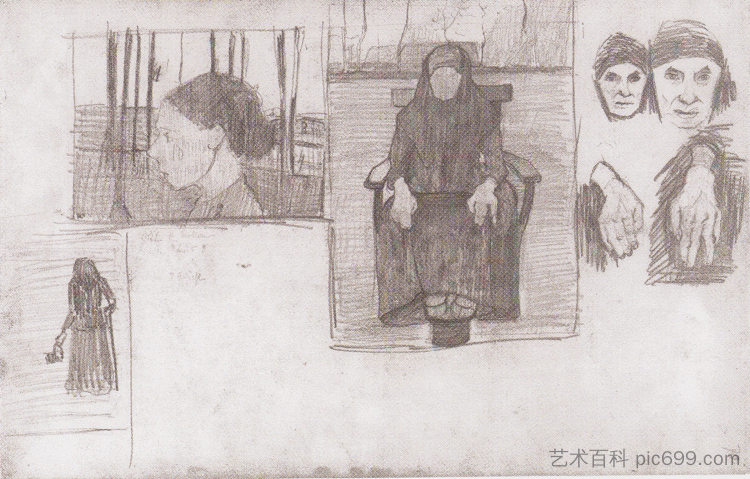 坐着的老妇人的构图素描 Composition sketch for Seated Old Woman (1898)，保拉·莫德索恩·贝克尔