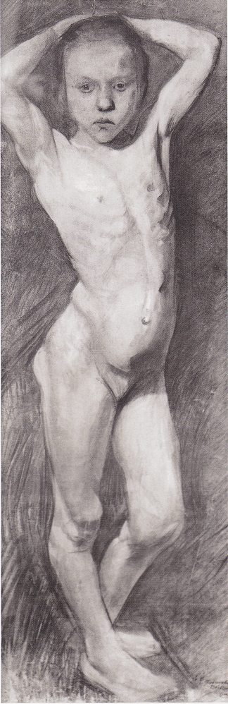 裸体女孩站着，双臂交叉在脑后 Nude Girl Standing, arms folded behind his head (c.1899)，保拉·莫德索恩·贝克尔