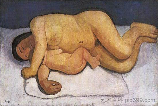 躺着的母亲和孩子 Reclining Mother and Child (1906),保拉·莫德索恩·贝克尔