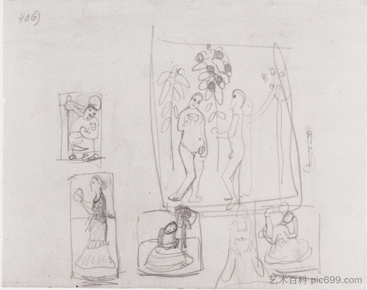 用六个人物构图素描 Sketch with six figure compositions (1906 - 1907)，保拉·莫德索恩·贝克尔