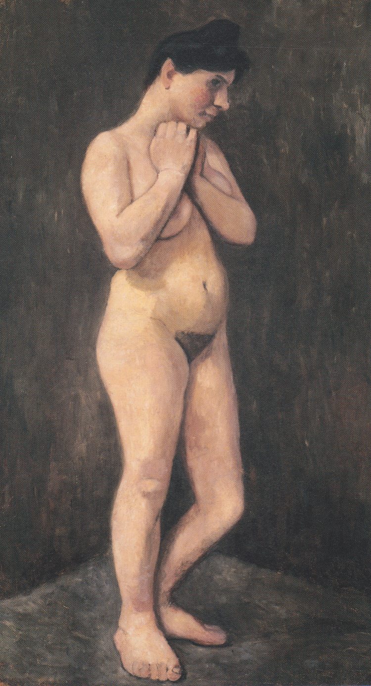 站立的女性裸体，她的手臂位于胸部前方 Standing female nude, her arms located in front of the chest (c.1905)，保拉·莫德索恩·贝克尔