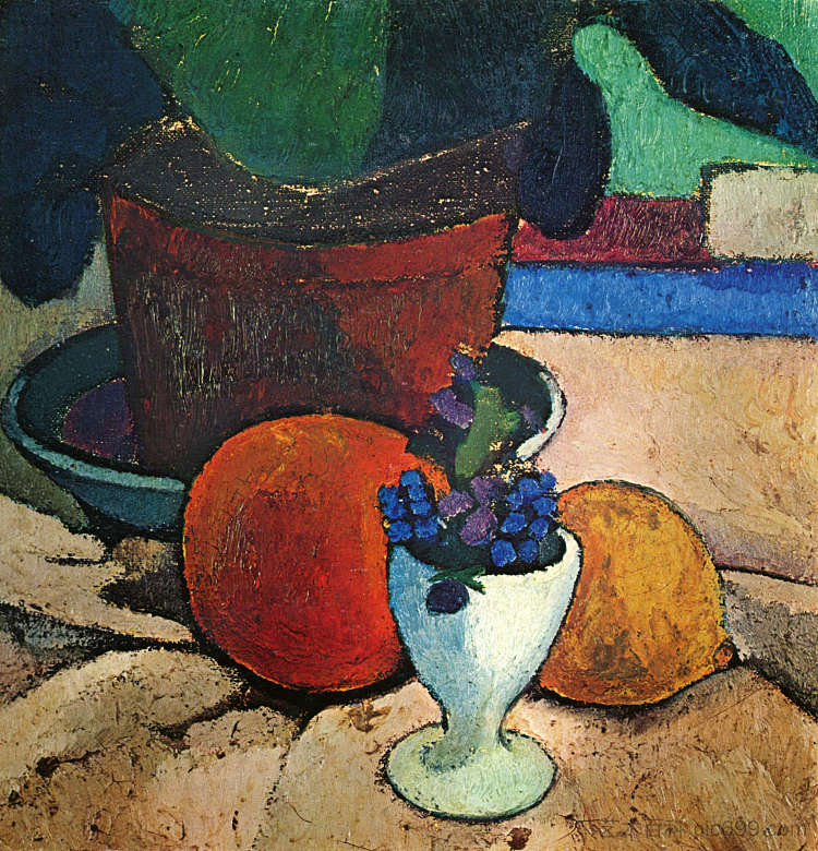 静物与植物，柠檬和橙子 Still life with plant, lemon and orange (c.1906)，保拉·莫德索恩·贝克尔