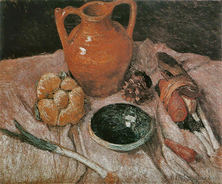 静物与黄色壶 Still life with yellow jug (c.1905)，保拉·莫德索恩·贝克尔