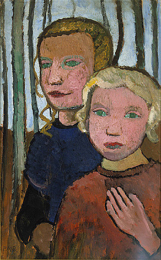 白桦树前的两个女孩 Two Girls in Front of Birch Trees (c.1905)，保拉·莫德索恩·贝克尔