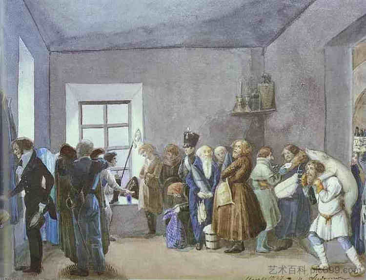 节假日前一晚的警察小卖部接待室 Police Commissary's Reception Room the Night Before a Holiday (1837)，帕威尔·费多托夫