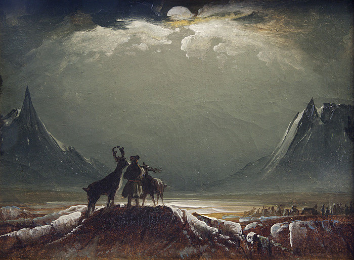 午夜阳光下的萨米与雨鹿 Sami with Raindeer under the Midnight Sun (c.1850; Norway  )，佩德尔·鲍克