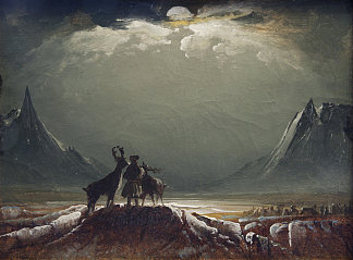 午夜阳光下的萨米与雨鹿 Sami with Raindeer under the Midnight Sun (c.1850; Norway                     )，佩德尔·鲍克