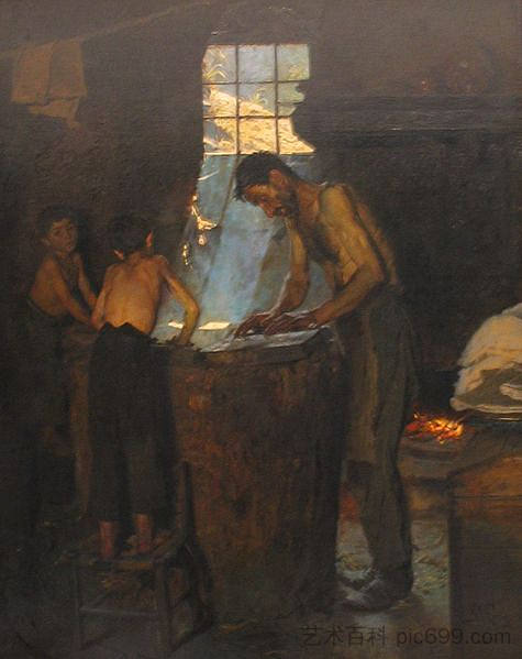 意大利乡村工人制作帽子 Italian village workers making hats (1880),佩德·塞韦林·克罗耳