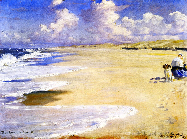 玛丽·克罗耶在斯滕比约海滩上的绘画 Marie Krøyer Painting on the Beach at Stenbjerg (1889)，佩德·塞韦林·克罗耳