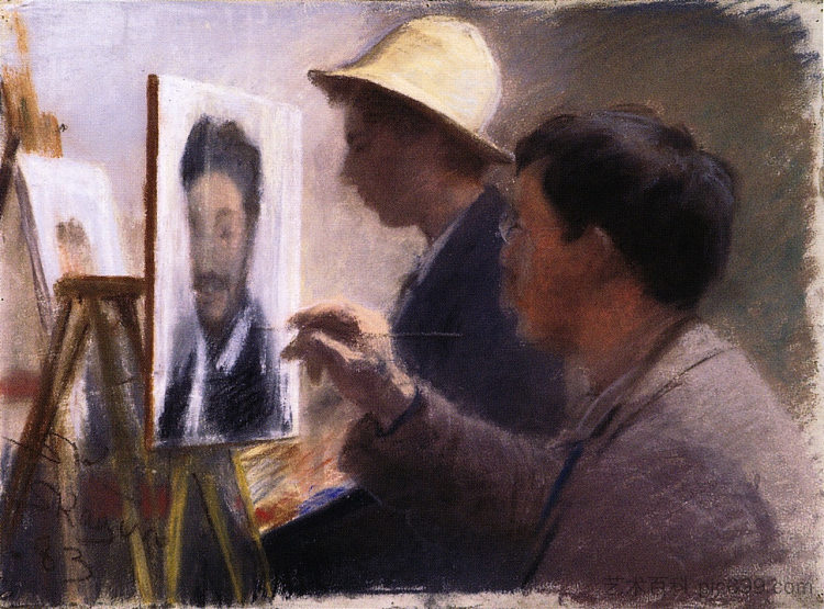 奥斯卡·比约克和埃利夫·彼得森为乔治·布兰德斯画肖像 Oscar Björck and Eilif Peterssen Painting Portraits of Georg Brandes (1883)，佩德·塞韦林·克罗耳