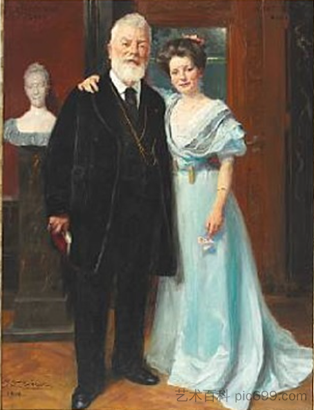 Phil. Brewer Carl Jacobsen博士与他最小的女儿的肖像 Portrait of Dr. Phil. Brewer Carl Jacobsen with his youngest daughter (1908)，佩德·塞韦林·克罗耳