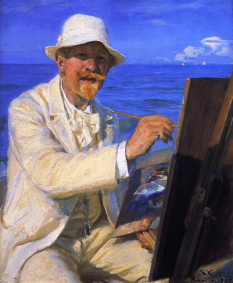 自画像，坐在斯卡恩海滩的画架旁 Self-Portrait, Sitting by His Easel at Skagen Beach (1902)，佩德·塞韦林·克罗耳