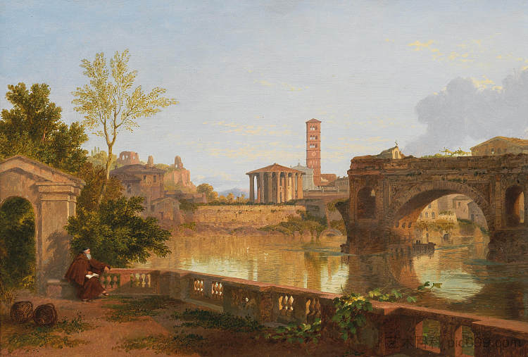 从台伯河眺望罗马，包括罗托桥和灶神庙 A View of Rome from the Tiber, with the Ponte Rotto and the Temple of Vesta (1870; Rome,Italy  )，彭里·威廉姆斯