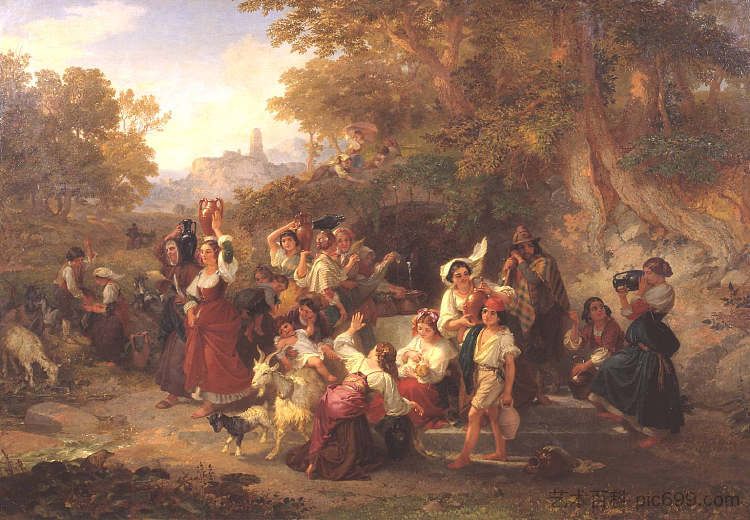 喷泉旁的那不勒斯农民 Neapolitan Peasants at a Fountain (1859)，彭里·威廉姆斯