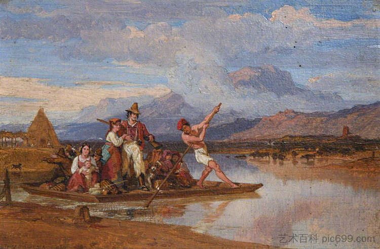 意大利家庭：宁法河上的渡轮 The Italian Family: Ferry on the River Ninfa (1831)，彭里·威廉姆斯