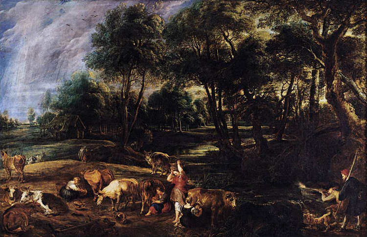 牛和野禽的景观 Landscape with Cows and Wildfowlers (c.1630)，彼得·保罗·鲁本斯