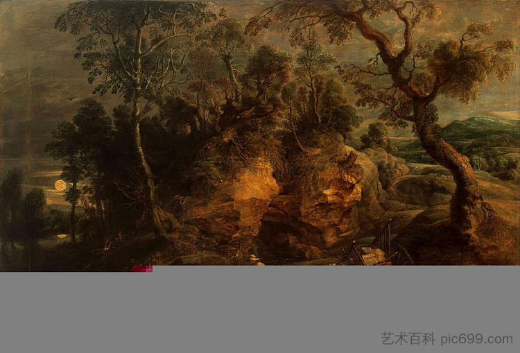 景观与石头载体 Landscape with Stone Carriers (c.1620)，彼得·保罗·鲁本斯