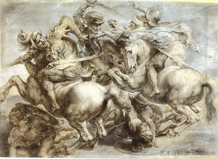 安吉亚里战役的副本，达芬奇丢失的画作 Copy of Battle of Anghiari, the lost painting by Leonardo da Vinci (c.1603; Italy  )，彼得·保罗·鲁本斯