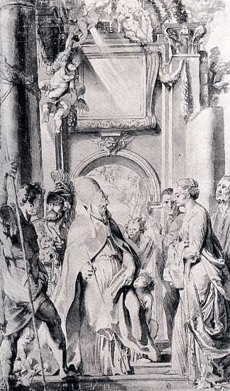 圣格雷戈里与圣多米蒂拉、毛鲁斯和帕皮亚努斯 Saint Gregory with Saints Domitilla, Maurus, and Papianus (c.1606 – c.1607)，彼得·保罗·鲁本斯