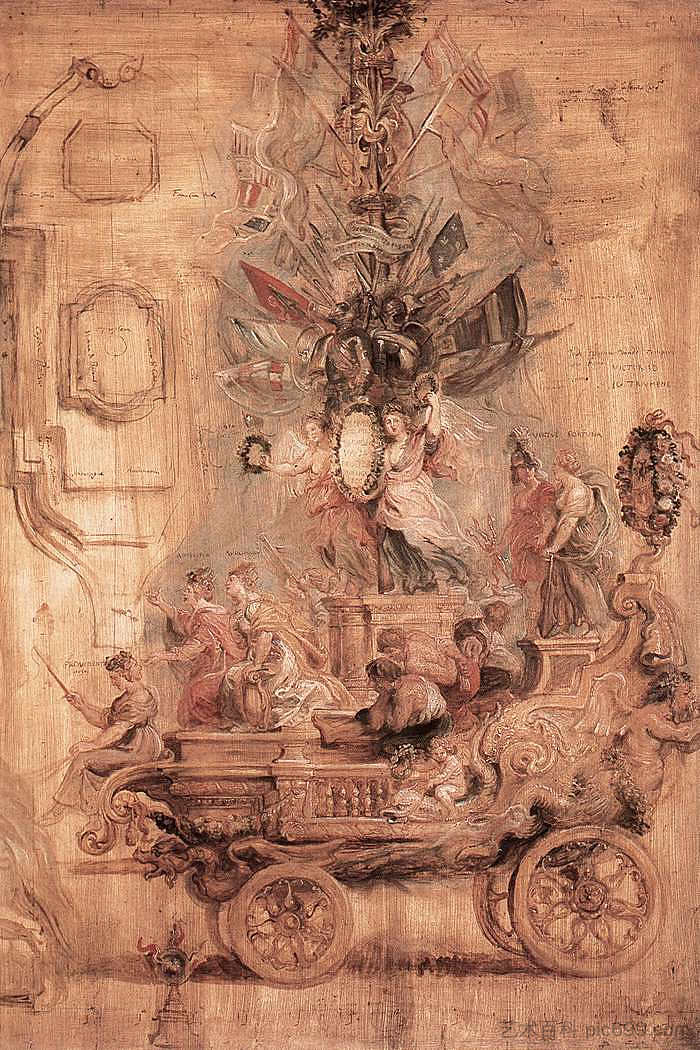 卡洛的凯旋车（素描） The Triumphal Car of Kallo (sketch) (c.1638)，彼得·保罗·鲁本斯