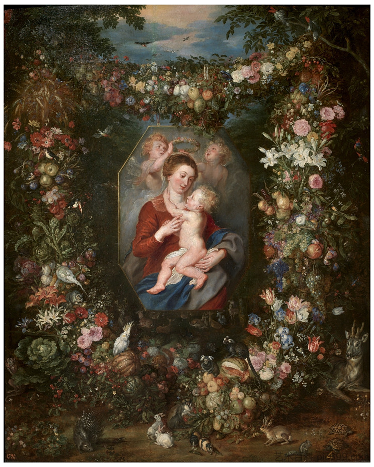 圣母子在一幅被水果和鲜花包围的画作中 The Virgin and Child in a Painting surrounded by Fruit and Flowers (1617 - 1620)，彼得·保罗·鲁本斯