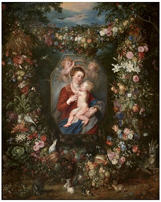 圣母子在一幅被水果和鲜花包围的画作中 The Virgin and Child in a Painting surrounded by Fruit and Flowers (1617 – 1620)，彼得·保罗·鲁本斯