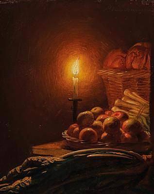 苹果静物葱、甜菜和蜡烛 Stillleben mit ÄpfelnFrühlingszwiebeln, Mangold und einer Kerze，彼得·范·申德尔