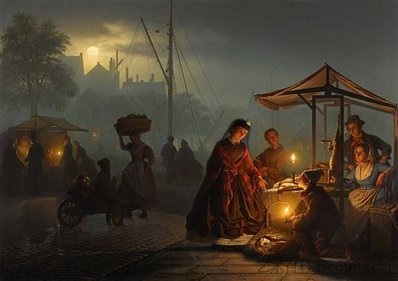 月光下的阿姆斯特丹市场 Market in Amsterdam by Moonlight，彼得·范·申德尔