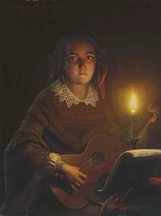 一个在烛光下弹吉他的女孩 A Girl Playing a Guitar by Candlelight，彼得·范·申德尔