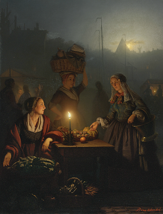在夜市购买水果和蔬菜 Buying Fruit and Vegetables at the Night Market (1863)，彼得·范·申德尔