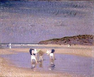 布洛涅金沙。儿童虾 Boulogne Sands. Children Shrimping (1891)，菲利普·威尔逊·施特尔