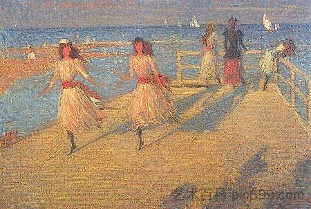 女孩跑步，沃尔伯斯维克码头 Girls Running, Walberswick Pier (c.1890)，菲利普·威尔逊·施特尔